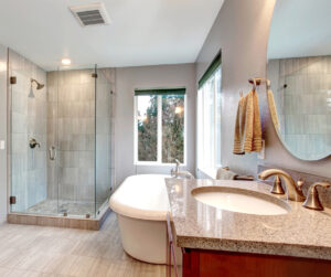 Beautiful Grey New Modern Bathroom Interior.